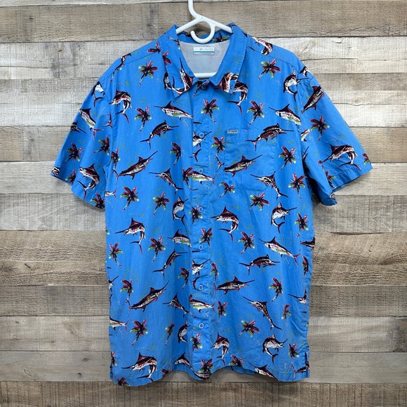 Columbia Other - Columbia PFG Mens Marlin Palm Tree Blue Vented Fishing Shirt Large FM7011